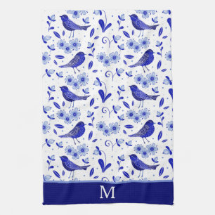 Linge De Cuisine Monogramme Motif d'art populaire aux oiseaux bleus