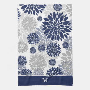 Linge De Cuisine Monogramme Motif de fleurs gris bleu marine