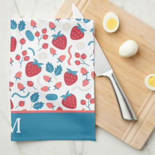 Linge De Cuisine Monogramme Motif de fraise bleu rouge Boho
