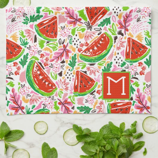 Linge De Cuisine Monogramme Motif de fruits peints à la main (Plié)