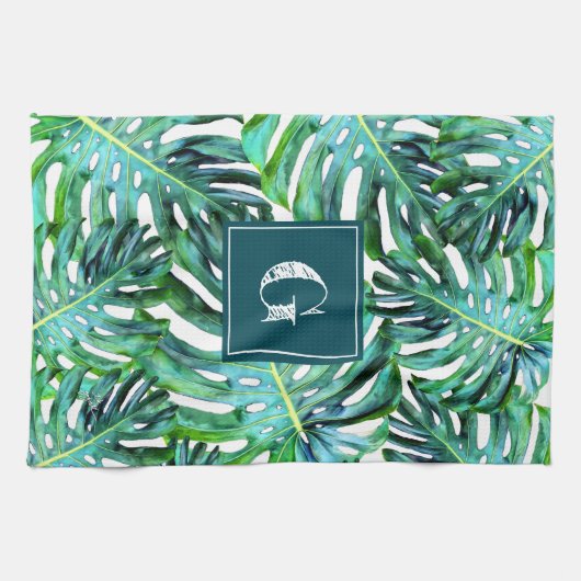Linge De Cuisine Monogramme Motif de verdure tropicale Feuille de M (Horizontal)