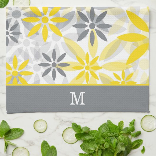 Linge De Cuisine Monogramme Motif gris jaune (Plié)