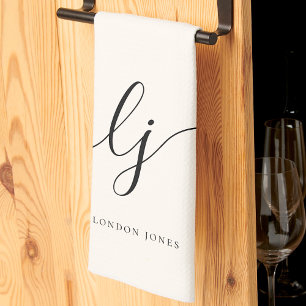Linge De Cuisine Monogramme neutre simple élégant script initiales