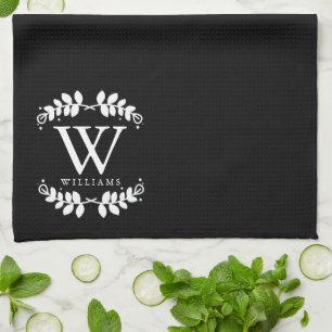 Linge De Cuisine Monogramme noir et blanc élégant de famille