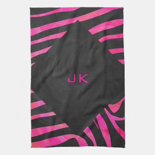 Linge De Cuisine Monogramme noir et rose chaud Zebra Design (Vertical)