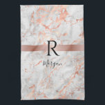 Linge De Cuisine Monogramme noir, marbre blanc et Rose or, Vs 2<br><div class="desc">Personnalisez le nom du script noir et le grand monogramme noir sur bande d'or rose sur le marbre d'or blanc et rose. Version 2.</div>