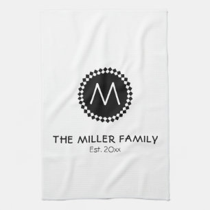 Linge De Cuisine Monogramme Nom de famille Médaillé noir et bla
