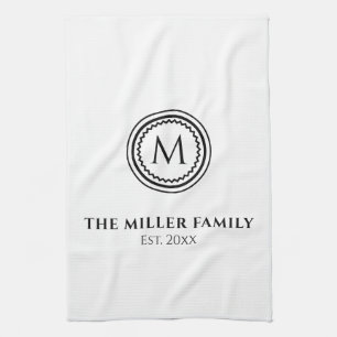 Linge De Cuisine Monogramme Nom de famille Médaillé noir et blanc