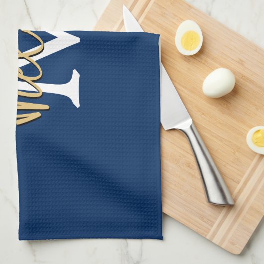 Linge De Cuisine Monogramme Nom initial Script Marine Blanc Or (Quart Plié)