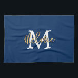 Linge De Cuisine Monogramme Nom initial Script Marine Blanc Or<br><div class="desc">Monogramme moderne Nom initial Script In Navy avec blanc et or. Facile à personnaliser avec l'initiale et le nom.</div>