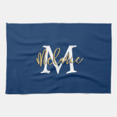 Linge De Cuisine Monogramme Nom initial Script Marine Blanc Or (Horizontal)