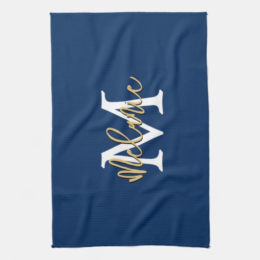 Linge De Cuisine Monogramme Nom initial Script Marine Blanc Or (Vertical)