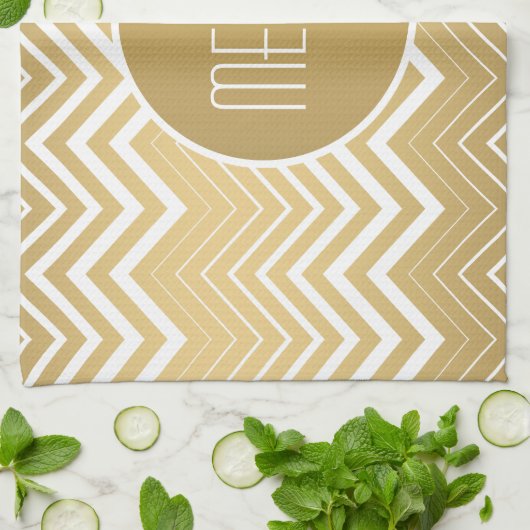 Linge De Cuisine Monogramme Or Et Blanc Zigzag Chevron (Plié)