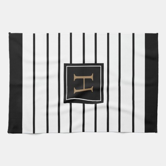 Linge De Cuisine Monogramme Or noir et blanc rayé (Horizontal)