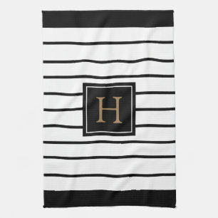 Linge De Cuisine Monogramme Or noir et blanc rayé
