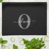 Linge De Cuisine Monogramme personnalisé Nom de script noir blanc g (Plié)