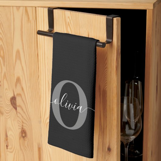 Linge De Cuisine Monogramme personnalisé Nom de script noir blanc g (Pliage en tiers)