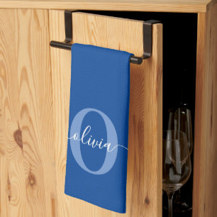 Linge De Cuisine Monogramme personnalisé Nom du script Bleu Blanc