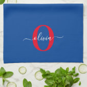 Linge De Cuisine Monogramme personnalisé Nom du script Bleu Blanc R (Plié)