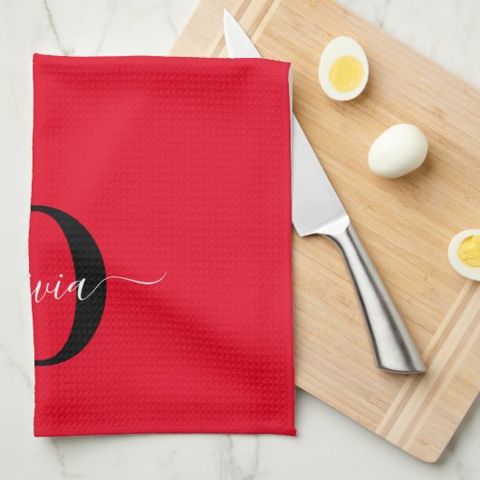Linge De Cuisine Monogramme personnalisé Nom du script Rouge Noir B (Quart Plié)