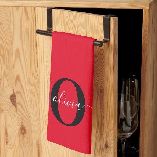 Linge De Cuisine Monogramme personnalisé Nom du script Rouge Noir B (Pliage en tiers)