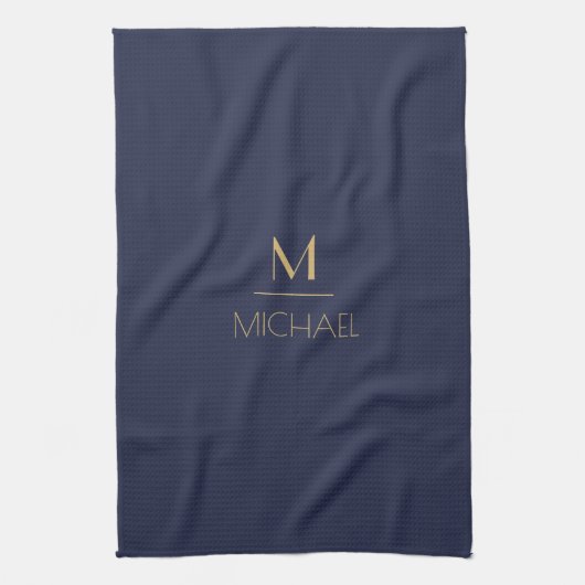Linge De Cuisine Monogramme personnalisé | Nom Marine & Or (Vertical)
