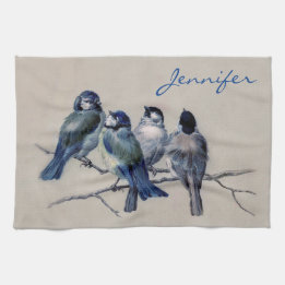 Linge De Cuisine Monogramme personnalisé Nom Oiseaux gris bleu Vint