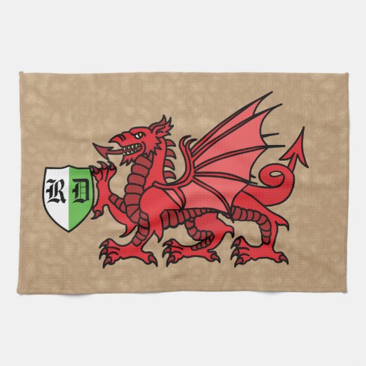 Linge De Cuisine Monogramme personnalisé Welsh Dragon (Horizontal)