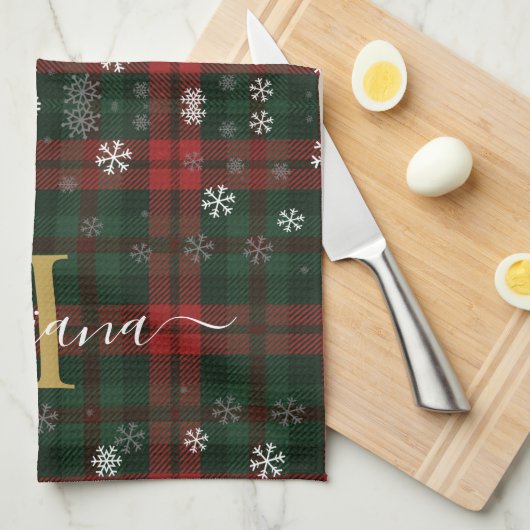 Linge De Cuisine Monogramme plaqué Snowflakes Script Nom rustique (Quart Plié)