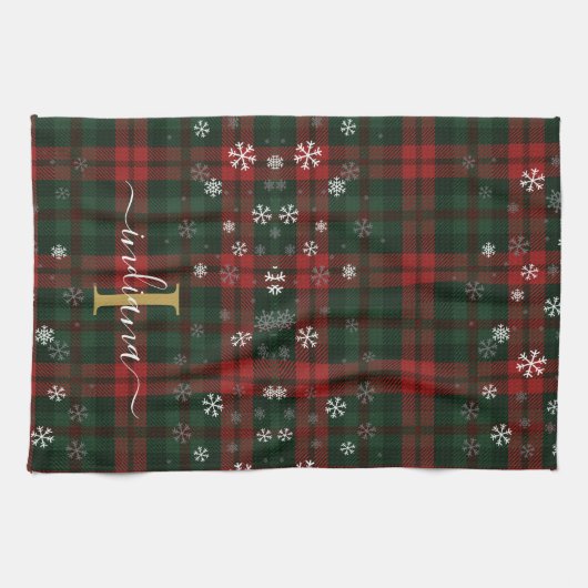 Linge De Cuisine Monogramme plaqué Snowflakes Script Nom rustique (Horizontal)