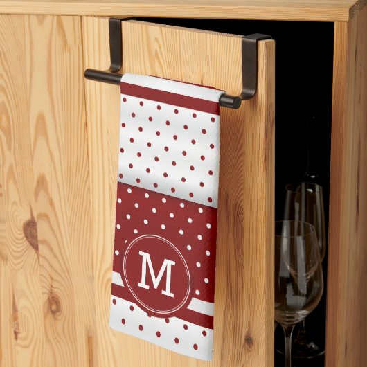 Linge De Cuisine Monogramme Pointe rouge foncé et blanc (Pliage en tiers)