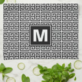 Linge De Cuisine Monogramme principal grec noir et blanc moderne (Plié)