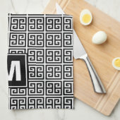 Linge De Cuisine Monogramme principal grec noir et blanc moderne (Quart Plié)