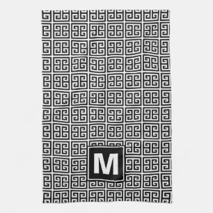 Linge De Cuisine Monogramme principal grec noir et blanc moderne