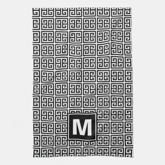 Linge De Cuisine Monogramme principal grec noir et blanc moderne (Vertical)