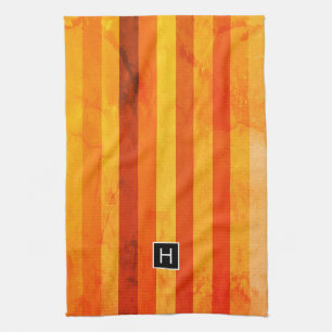 Linge De Cuisine Monogramme rayures orange rouge altéré chaud