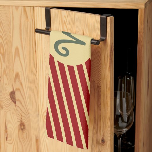 Linge De Cuisine Monogramme Rayures Rouge Cramoisi & Crème Varsity (Pliage en tiers)