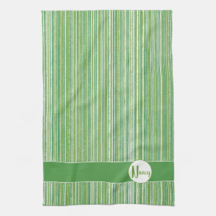 Linge De Cuisine Monogramme rayures sarcelle, vert et blanc