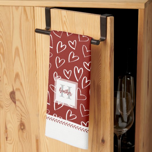 Linge De Cuisine Monogramme Red Valentine Heart Motif (Pliage en tiers)