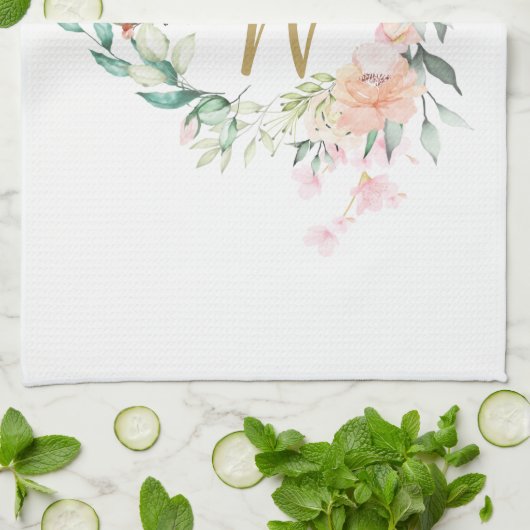 Linge De Cuisine Monogramme Rose Floral Gold Script (Plié)