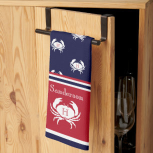 Linge De Cuisine Monogramme Rouge Marine Bleu Crabe Blanc Nautique