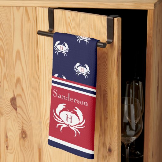 Linge De Cuisine Monogramme Rouge Marine Bleu Crabe Blanc Nautique  (Pliage en tiers)