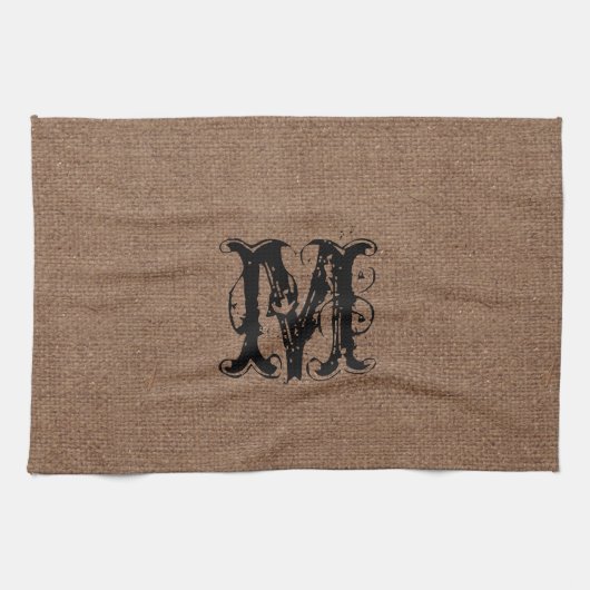 Linge De Cuisine Monogramme rustique de noir de toile de jute - (Horizontal)
