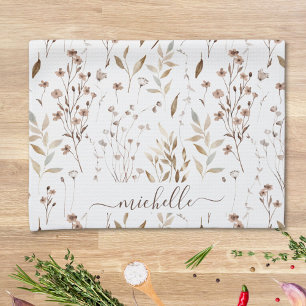 Linge De Cuisine Monogramme Rustique Élégant Fleurs sauvages Brown 