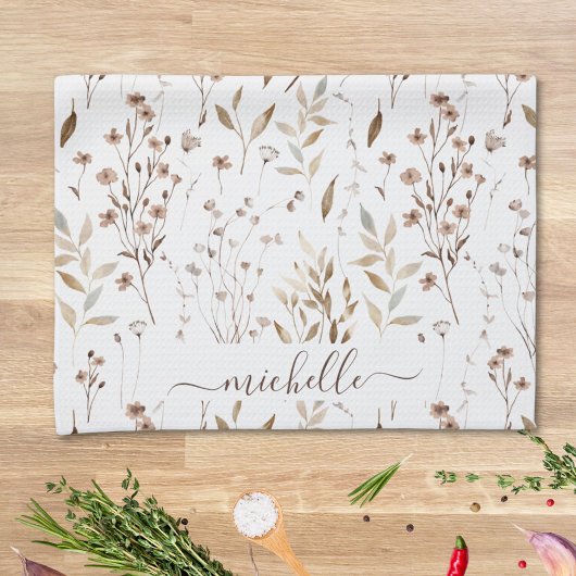 Linge De Cuisine Monogramme Rustique Élégant Fleurs sauvages Brown