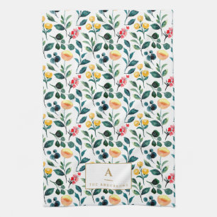 Linge De Cuisine Monogramme Rustique élégant Jaune Aquarelle Fleurs