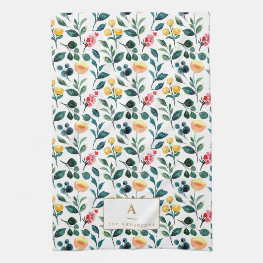 Linge De Cuisine Monogramme Rustique élégant Jaune Aquarelle Fleurs (Vertical)