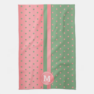 Linge De Cuisine Monogramme Sage Green et Coral Polka Dot