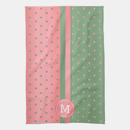 Linge De Cuisine Monogramme Sage Green et Coral Polka Dot (Vertical)