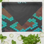 Linge De Cuisine Monogramme serpent impression Brown et Turquoise (Plié)